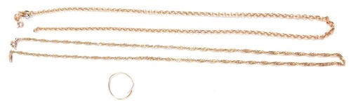 A 9ct gold belcher link neck chain, further neck chain and an earring, 6.6g.
