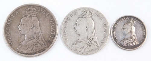 A Victorian silver double florin 1889, Jubilee head shilling 1887, and a half crown 1889. (3)