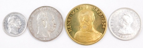 A Portuguese Indian silver Rupee 1912, King Wilhelm I of Prussia silver Victory Thaler 1871, a Francs Joseph I Corona 1915, and an Henri Matisse commemorative 20 Euro coin 1997. (4)