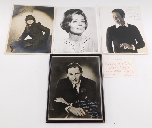 Three autographed photographs, of Phyllis Calvert, Louis Jourdan, and Lew Grade, together with a photograph of Faith Brook, with signed birthday card.