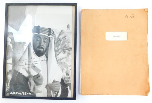 A signed photograph of Sir Alec Guinness, dedicated for David with great appreciation, in a strut frame, together with a signed script to the play Wise Child, by Simon Gray. (2)