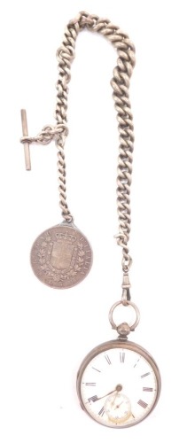 A Victorian gentleman's silver cased pocket watch by T J Mercer, open faced, key wind, circular enamel dial bearing Roman numerals, subsidiary seconds dial, movement no 15032, the case of plain form with shield and garter reserve, London 1878, on a silver