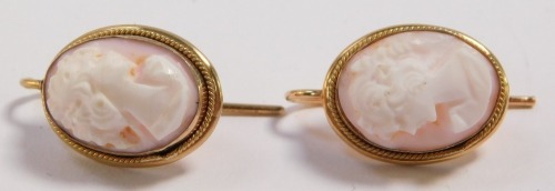 A pair of gold plated on silver and shell cameo earrings, bust portraits of ladies.