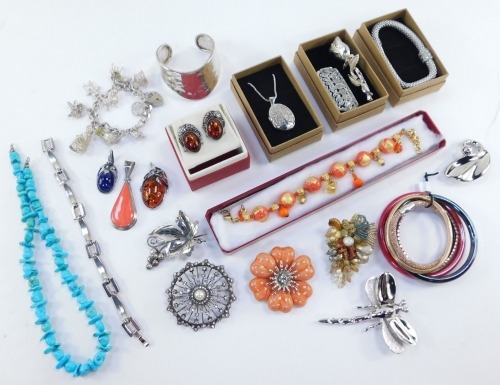 Silver and costume jewellery, including amber set earrings, turquoise bead necklace, Murano necklace, charm bracelet, bangles, brooches and a pendants (a quantity).