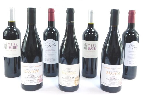 Two bottles of Dumaine de la Bastide Visan Cote de Rhones Villages 2018, two bottles of Vin de Bastide Alicante Grenache, two bottles of Prestige du Capitole Cabernet Sauvignon 2019, and a bottle of De La Maine Bastide Cote des Rhones 2018. (7)