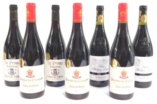 Three bottles of Dumain Les Cassanets Cote de Rhone 2017, two bottles of Chateau Philippe Lamour Costieres de Nimes 2017, and two bottles of Le Prince de Courthezon Cote de Rhone 2016. (7)