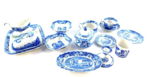 A group of Spode blue and white miniature pottery, transfer decorated in the Italian pattern, including a sucrier and cover, sauce boat on stand, candlestick, cheese dish and cover, chamber pot and a jardiniere. (a quantity)