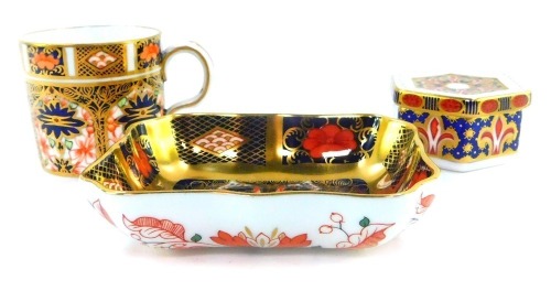 Three Royal Crown Derby Imari porcelain items, comprising a demi-tasse coffee can, hexagonal box and cover, and a pin dish.