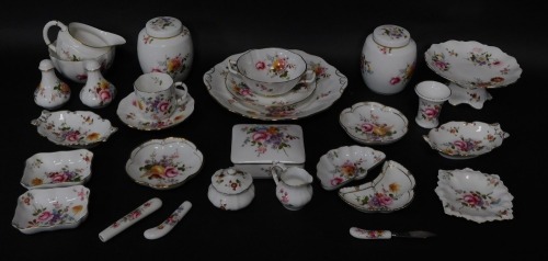 A group of Royal Crown Derby porcelain decorated in the Derby Posies pattern, including decorative items such as pin trays, decorative pots, dressing table items, etc. (28)