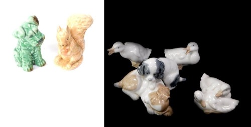 A group of animal figures by Lladro Sylvac and Nao, including a squirrel, dog, geese, and puppies. (6)