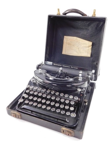 A vintage Remington "World Service" noiseless portable typewriter, with continental AZERTY keyboard, Srr. No. N950040, cased. Provenace by family repute: The vendor's late wife's grandfather worked for / beside Lord Rothermere; his name was Harry Morison