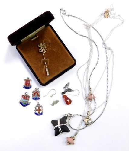 A group of modern costume jewellery, to include four Wedgwood star pendants and chains, a Scottish lion stick pin, a Wedgwood W silver necklace on plated chain and various enamel set crests and a group of earrings. (a quantity)
