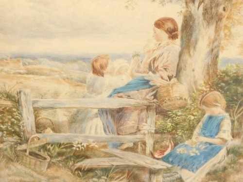 A Nash (British, 19thC). Pastoral country scene with a mother and daughters, watercolour, signed, 24cm high, 36cm wide.