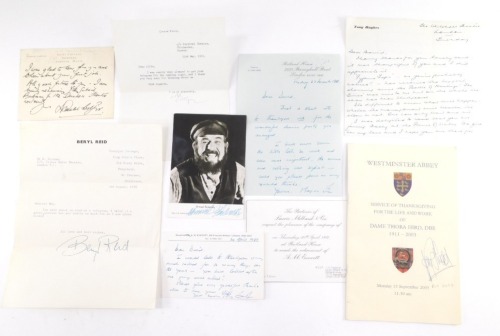 Autographs, letters and cards, comprising Beryl Reid., Sir Donald Wolfit., Tony Hughes., Tony Everett., Shmuel Rodensky., Chaim Topol., and a Service of Thanksgiving Programme for the life of Dame Thora Hird at Westminster Abbey, signed by Roy Hudd. (a qu