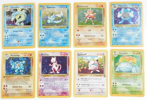 Pokemon Cards, comprising Poliwrath., Hitmonchan., Gyarados and Vaporeon., Machamp First Edition Base Set., Mewtwo., Jigglypuff, Promo Set No 7., Venusaur, Base Set.