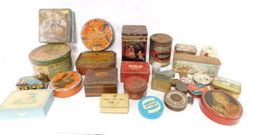 A group of early 20thC advertising tins, to include Tea., Sugar., Biscuits., and Sweets storage jars, with various lithographic advertising decoration. (a quantity)