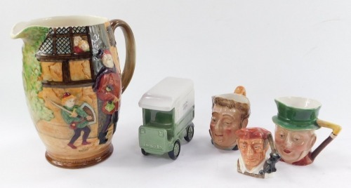 A Beswick Merry Wives of Windsor moulded jug, Beswick Mr Micawber and Pecksniff character jugs, Royal Doulton Blacksmith miniature character jug, and a Carlton ware tea van jar with cover. (5)