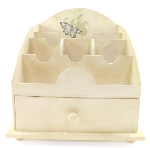 A table top stationery cabinet with drawer, white painted and decorated with a butterfly, 40cm high, 37cm wide, 26cm deep.