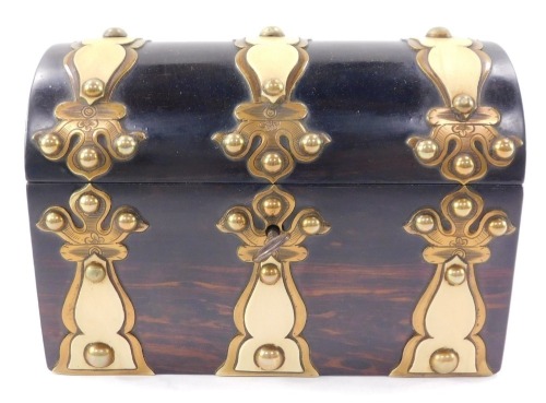 A Victorian coromandel dome top tea caddy, with brass strap work, 18cm wide.