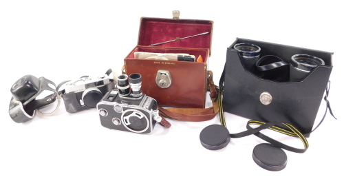 A pair of Miranda 10x50 binoculars, a Konica C35 camera and a Paillard Bowlex B8 cine camera. (3)