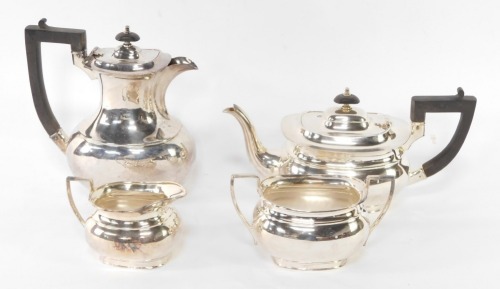 A Rockingham plate electro plated four piece London shape tea set, comprising teapot, covered hot water jug, cream jug and sugar bowl.