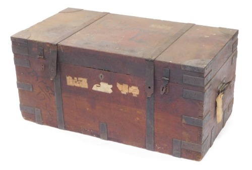 An Eastern metal bound teak and brass bound silver trunk or case, bearing name to top, K Horwood 4, 99cm wide.