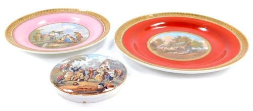 A 19thC Prattware pottery pot lid, depicting The Village Wedding, After Teniers., together with two plates, The Residence of Anne Hathaway, Shakespeare's Wife, Shottery, Nr Stratford On Avon and a plate painted with a pastoral scene after P Wouvermann. 