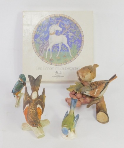 A group of Goebel porcelain birds, to include blue tit, and a Hutchenreuther unicorn collector's plate.