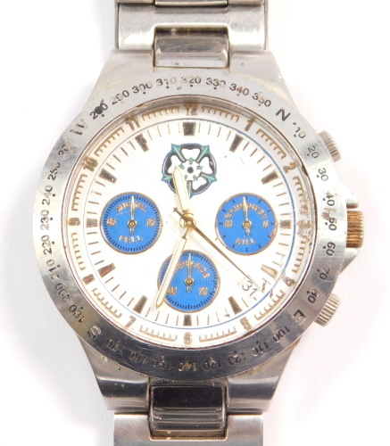 A Yorkshire commemorative wristwatch, decorated with various dates to the reverse and the slogan Proud, Strong and True, with an articulated strap.