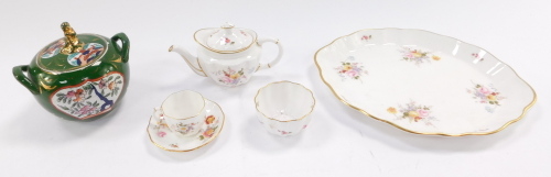 A 19thC Masons ironstone type twin handled sucrier, with a gilt finial, decorated with flowers in the Oriental style on a green ground, 10cm wide, and a Royal Crown Derby Derby Posies miniature solitaire part tea set, comprising cup, saucer, tea pot and c