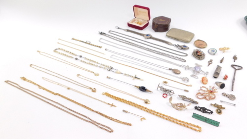 Costume jewellery, trinkets, including various chains, pendants, brooches, plated cigarette case, stud box, etc. (a quantity)