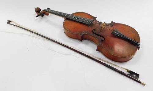 A violin, with single piece back, 35cm, and bow. (2)
