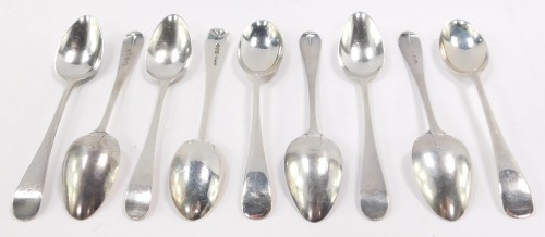 A set of six Georgian coffee spoons, initial engraved, together with three George V silver coffee spoons, Sheffield 1922, 3.44oz.