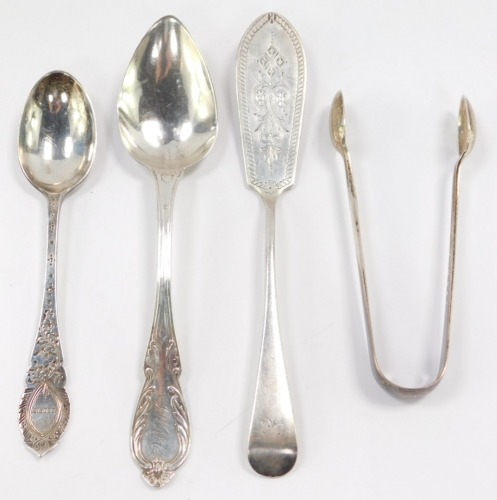 A Victorian silver butter knife, with engraved foliate decoration, initial engraved Elkington & Company Ltd, Birmingham 1996, a 19thC sterling silver dessert spoon, monogram engraved, a Victorian silver spoon with engraved foliate decoration, reserve engr