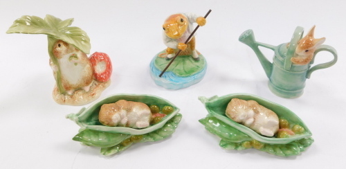 Five Border Fine Arts Beatrix Potter figures, comprising Peter Rabbit in watering can A6275., Timmy Willie and strawberry A3102., Mr Jeremy Fisher A2434., and two Timmy Willie in a pea pod A2441, all boxed.