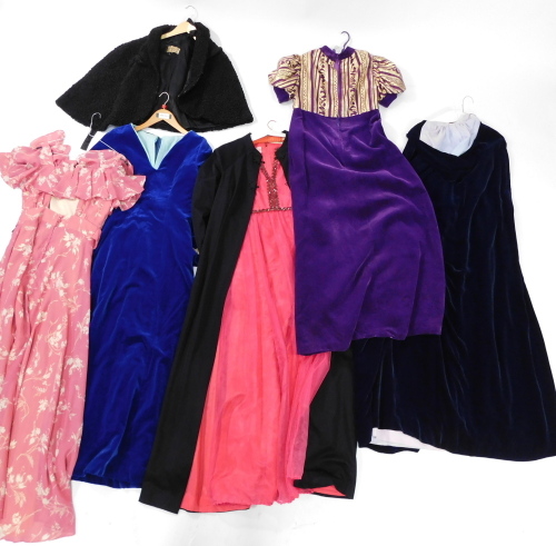 Vintage clothes and costume, to include a David Butler pink floral polyester dress by Pressler, size 16., Baird Lewis Astrakan bolero jacket., 70's evening dresses, and a tunic. (a quantity)