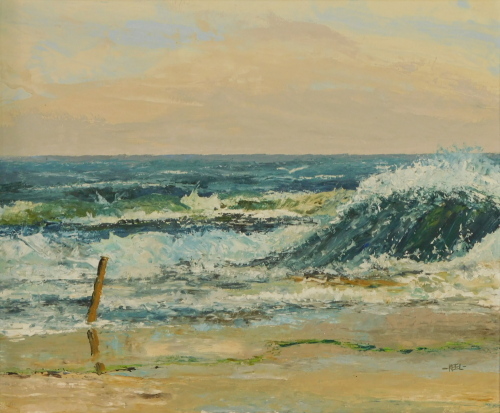 Captain Kenneth Keeling FRSA (British, 20thC/21stC). Waves lashing on the shore line, oil on canvas board, signed Keel, 49.5cm high, 59.5cm wide.