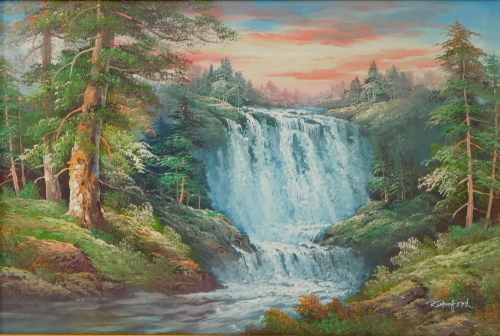 R Danford (British, late 20thC). Forest landscape with waterfall, oil on canvas, signed, 49.5cm high, 75cm wide.