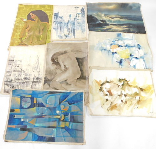 Asian School (Late 20thC). Townscapes, nudes, galloping horses, etc., mixed canvases, signed indistinctly, various sizes. (a quantity)