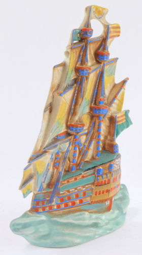 A Ditmar Urbach early 20thC pottery wall plaque, modeled as a three masted galleon, No 13956, printed and impressed marks, 32.5cm high. (AF)