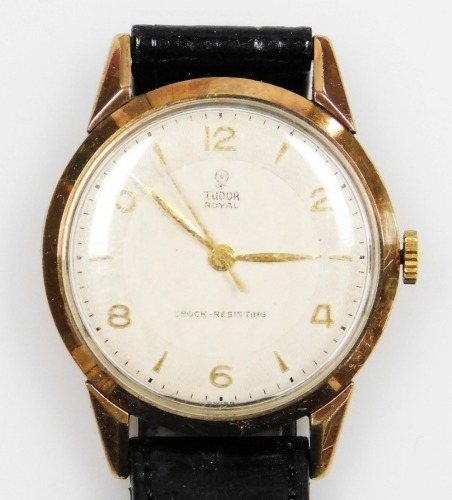 A Tudor Royal gentleman's wristwatch, with silvered coloured dial and gold hands, in a yellow metal case, marked 9ct, on a later leather strap, in Omega watch box, the dial 2.5cm wide, 30.1g all in.