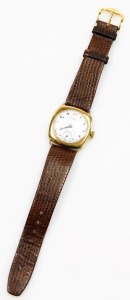 A Thomas Russell & Sons 9ct gold cased gentleman's wristwatch, with circular white ceramic dial, blue hands and seconds dial, on a brown leather strap, the watch head 2.5cm wide, 32.2g all in. - 3