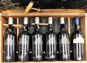 Five bottles of Dow's Vintage 1999 port, a further bottle of port, label damaged, and a Senhora Da Ribeira plated corkscrew with simulated bone handle, contained in a hardwood Dow's Quinter Senhora Da Ribeira Vintage port case, the case 55cm wide. (6) - 2