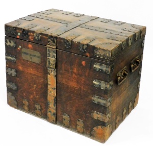 A 19thC Bracher and Sydenham Silversmiths, Reading oak and metal bound silver chest, of squared form with a brass plaque applied to the front for Herbert C. Allfrey Esq. 12, the hinged lid enclosing a vacant interior, stamped brass makers plaque to inside