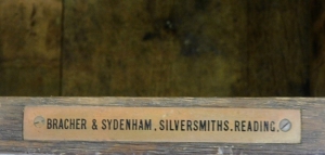 A 19thC Bracher and Sydenham Silversmiths, Reading oak and metal bound silver chest, of squared form with a brass plaque applied to the front for Herbert C. Allfrey Esq. 12, the hinged lid enclosing a vacant interior, stamped brass makers plaque to inside - 3