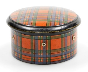 A 19thC Tartanware string box, the top stamped M. Farlane in gilt script, 11cm diameter.