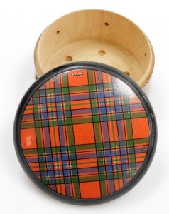 A 19thC Tartanware string box, the top stamped M. Farlane in gilt script, 11cm diameter. - 2