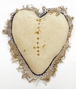 A Devonshire Regiment forget me not heart shaped sweetheart pin cushion, with various beaded detailing and Devonshire Regiment central shield, in a stained oak case, 19cm high, 30cm wide, 34cm deep. - 3