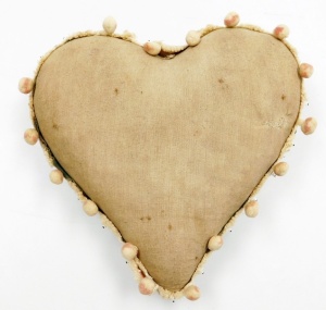 A heart shaped sweetheart pin cushion, with beaded panels and detailing with inscription 'From Theo To Mother,' with central Holy Bible Faith, Hope and Charity emblem, with white bubbled outer border, 27cm high. - 3