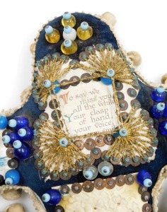 A Hands Across the World naval anchor beaded sweetheart pin cushion, with blue overall design and various applied picture panels and central plaque, with outer cream pom pom detailing, 27cm high, 25cm wide. - 2